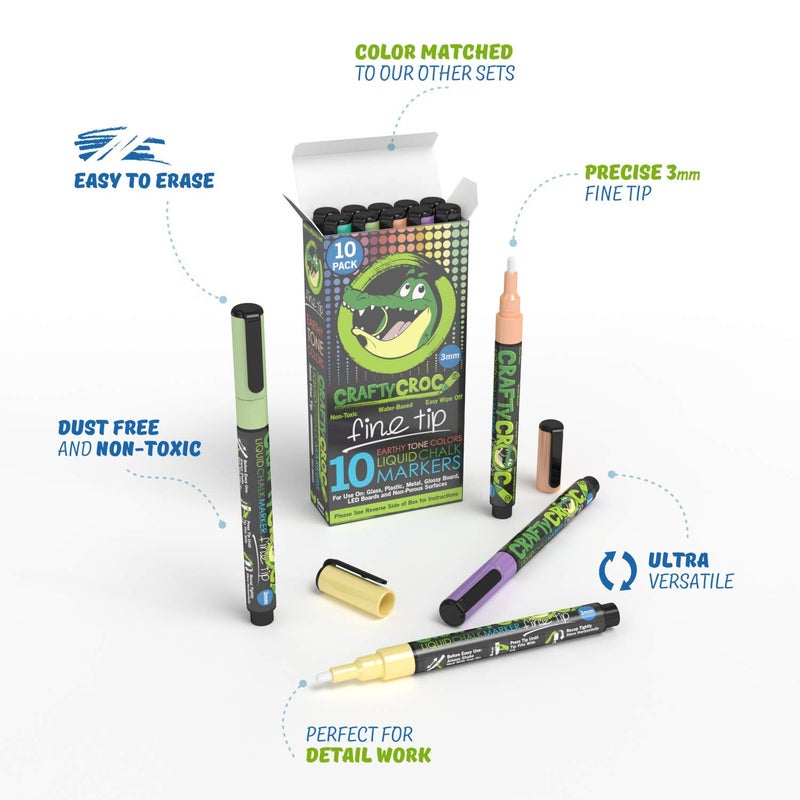 Crafty Croc Fine Tip Chalk Markers - (Precise 3mm Tip, 10 Earth Tone Colors) - Erasable Dustless Liquid Chalk Ink Pens, Water-Based, Non-Toxic - Image 2